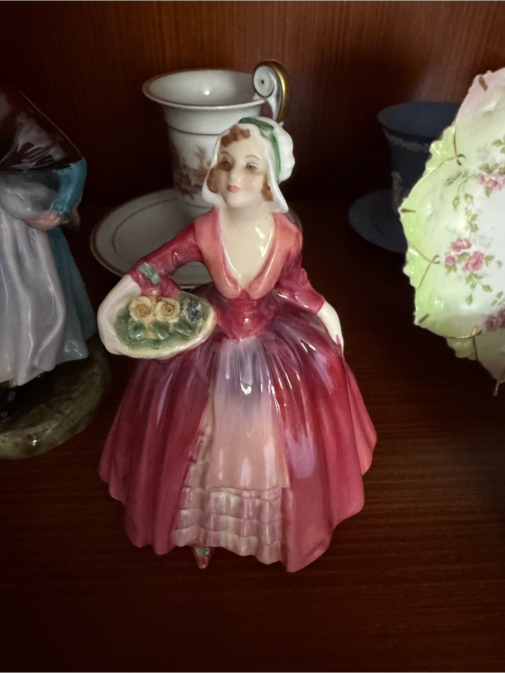 Royal Doulton Janet Porcelain Lady Figurine in Deep Pink with Floral Basket